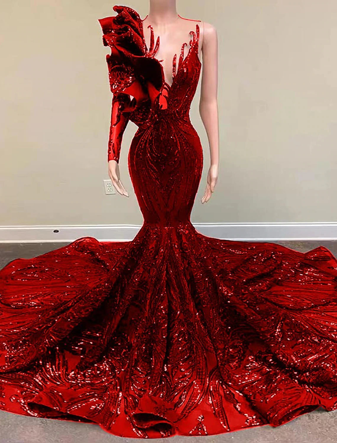 Meerjungfrau-Partykleid, Abendkleid, funkelnd und glänzend, Verlobungskleid, formeller Abend, Hofschleppe, lange Ärmel, eine Schulter, mit Pailletten